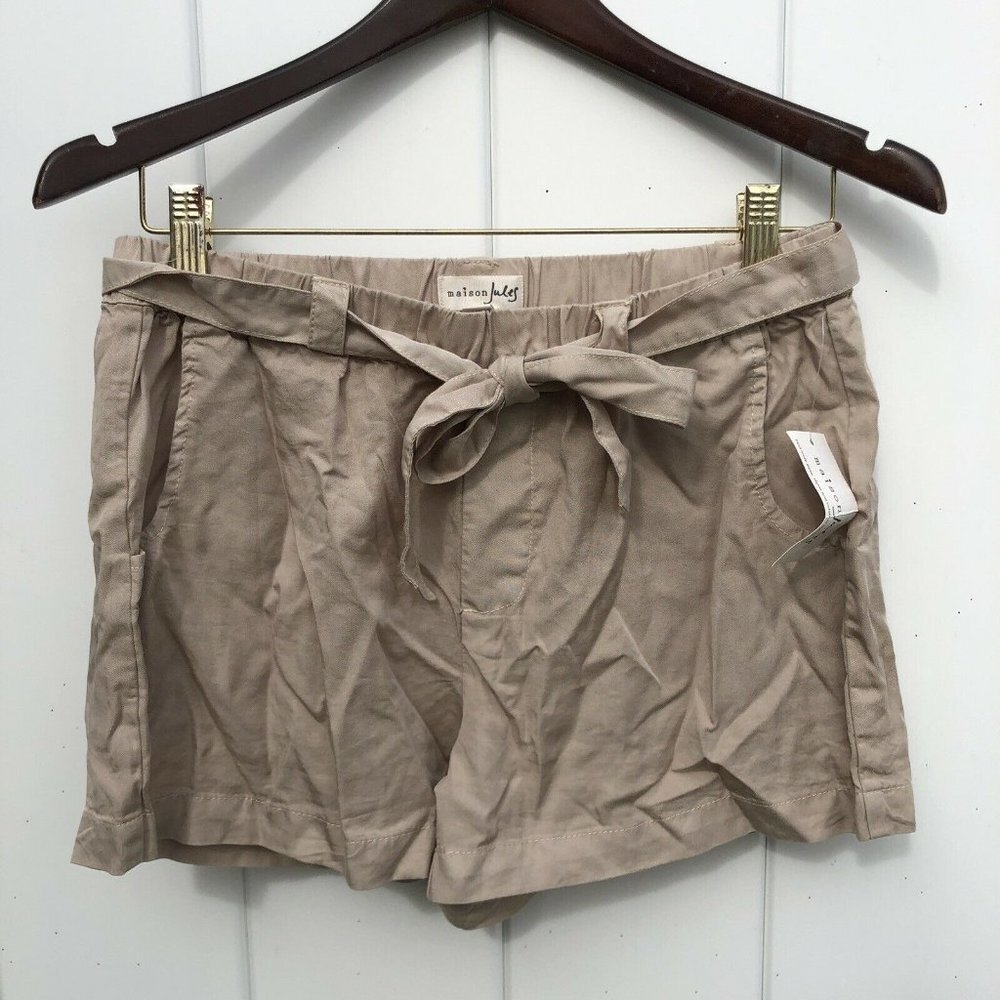 Maison Jules Shorts Khaki Oxford Tan Aruba Tie Waist Stretch Flat Front Small